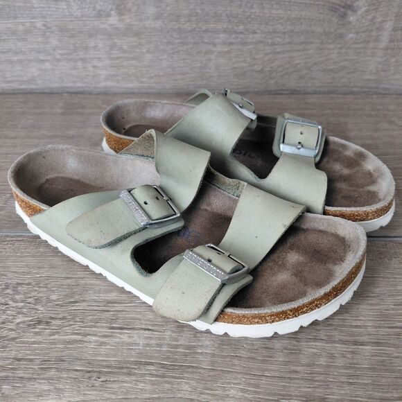 Birkenstock Arizona Sandals Women Size 36 US 5-5.5 Green Birkibuc 2 Strap Slides - Picture 2 of 13